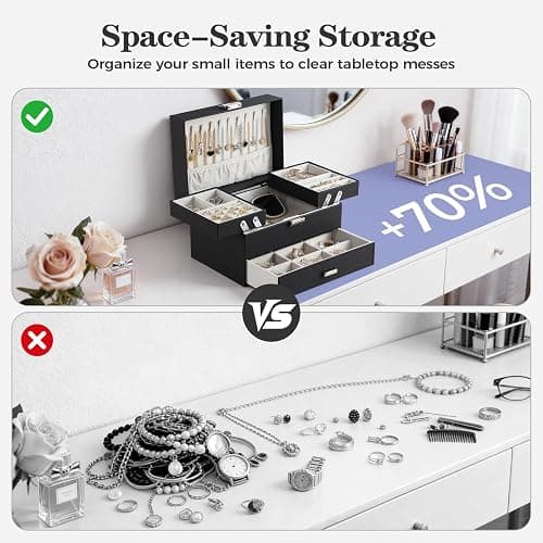 Dajasan Jewelry Organizer Box, Large Jewelry Boxes for Women Girls, Space-Saving 3 Layers Jewelry Storage Case with Drawer, Movable Metal Stand, Modern, Gift Idea (Black) thumbnail 6
