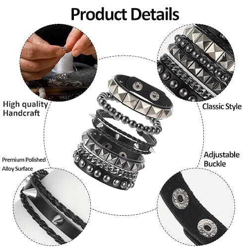 JIYIN 4 Pcs Leather Rock Studded Bracelets, Punk PU Leather Spike Bracelet for Men Women, Leather Cuff Bracelet 80s Wristband Set Adjustable Emo Punk Accessories Grunge Bracelet for Men Women thumbnail 3