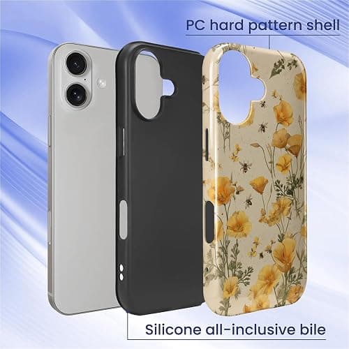 FKBRCL4U for iPhone 17 Case, Hybrid 2-Layer Silicone Protective Glossy Case for Girl Women for iPhone 17 Cute Eco Friendly Vintage Bee Yellow California Poppies Pattern thumbnail 5
