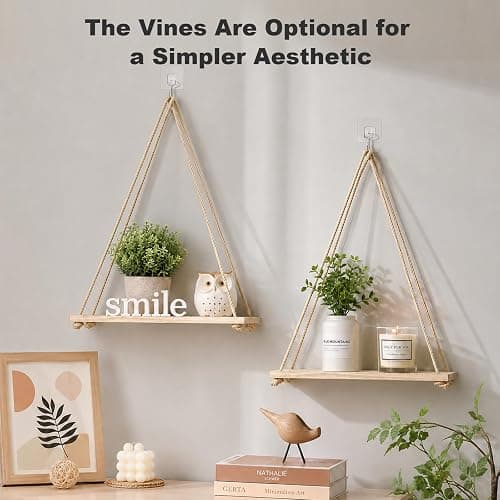 RICHER HOUSE Macrame Floating Shelves for Wall No Drilling, Boho Hanging Shelf with Artificial Ivy and LED Lights, Plant Wall Decor for Living Room Bedroom Dorm thumbnail 5