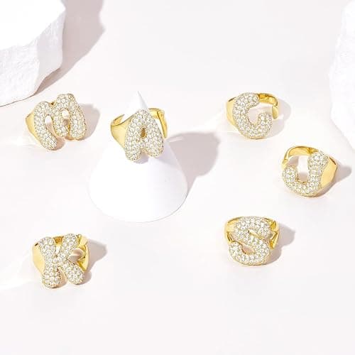 KissYan Bubble Initial Ring for Women, 14k Gold Plate Balloon Jumbo Letter Rings Open Adjustable Dainty Pave CZ Personalized Fashion Trendy Statement Jewelry Gift thumbnail 6