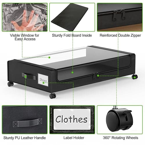 Molutsody Under Bed Storage with Wheels, 2-Pack Underbed Storage Containers with Clear Lids, Under Bed Shoe Storage Organizer, Rolling Under the Bed Storage Bins for Clothes Shoes Blankets (Black) thumbnail 4