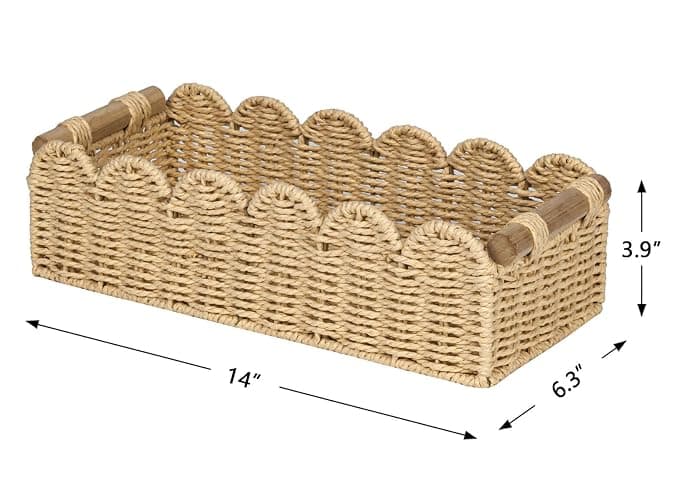 CubesLand Scalloped Edge Toilet Paper Storage Basket, Living Room Home Cozy Decor Basket, Paper Rope Small Baskets for Over Toilet Storage Shelf, End Table, Shelves, with 2 Wooden Handles, Beige thumbnail 3