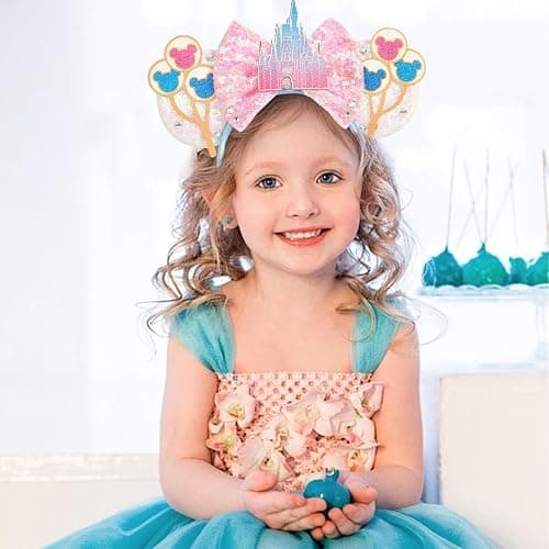 LYLIN Mouse Ears Headband, Sequin Pink Mouse Ears with Castle Bows | for Women Girls, Princess Ears Hair Accessories, Park Ears Trips Party Cosplay Costumes Accessories (Pink Castle) thumbnail 2
