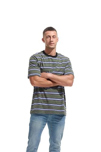 KLIEGOU Men's Fashion Loose Fit Crewneck Stripe T-Shirt thumbnail 3