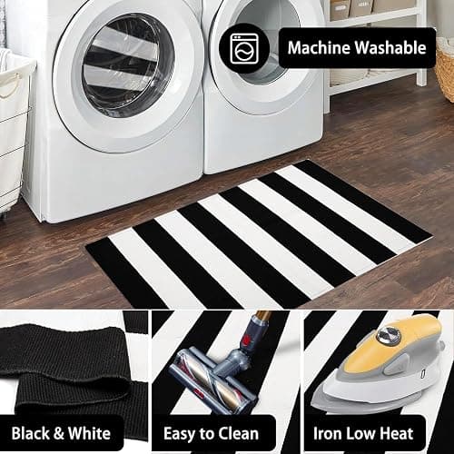 HEHJIPY Black and White Striped Outdoor Rug 27.5'' x 43'' Front Door Rug,Washable Cotton Woven Indoor/Outdoor Small Area Rugs,Layering Rug Door Mats for Front Porch/Entryway/Front Door Decor thumbnail 5