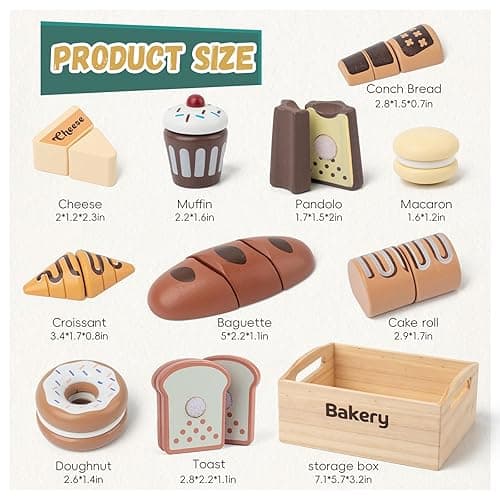 kienvy 10 PCS Bakery Wooden Play Food Set for Kids Kitchen, Wooden Food Cutting Toys, Pretend Play Kitchen Food Toy Accessories with Storage Box, Christmas Birthday Present for Toddlers & Kids Ages 3+ - Bakery thumbnail 3