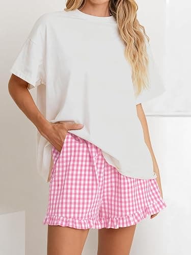 ANRABESS Boxer Shorts for Women,Gingham Plaid Elastic Waist Ruffle,Perfect for Lounge,Pajama&Sleep,Cute Casual Summer Bottoms thumbnail 5