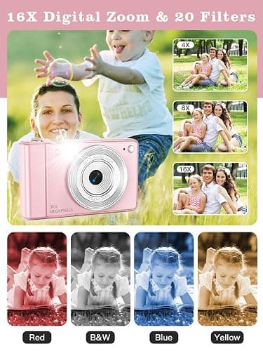 Upgrade Digital Camera, 56MP FHD 1080P for Kids with 16x Zoom Anti Shake, 32GB TF Card, Two Batteries, Lanyard, Compact Small for Boys Girls （Pink） thumbnail 3