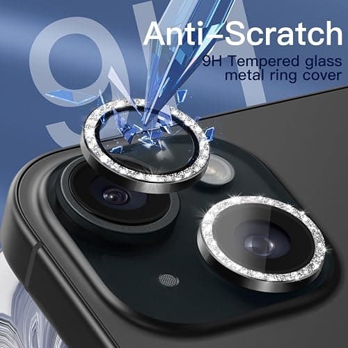 JETech Camera Lens Protector for iPhone 15/15 Plus, Black, 1 Set | Bling Glitter Individual, 9H Tempered Glass, Metal Ring Cover, HD Clear thumbnail 5