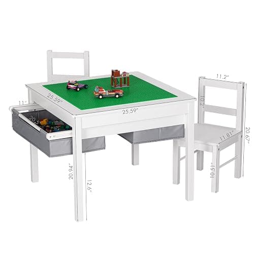 UTEX Wooden 2 in 1 Kids Construction Activity Table and 2 Chairs Set with Storage Drawers, and Built in Plate Compatible with Lego and Duplo Bricks (White with Grey Drawers) thumbnail 2