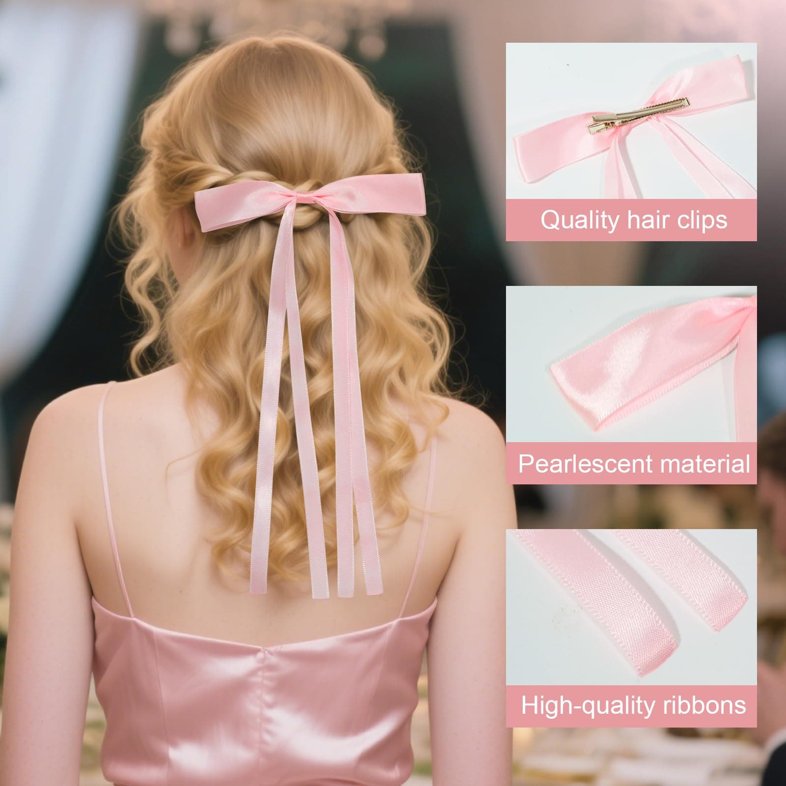 Silky Satin Long Bow Hair Clips, 8pcs Hair Barrettes for Women Girls, 8 Colors Long Tail Bow Hair Ribbon Claws, Elegant Hair Accessories for Teens and Adults thumbnail 3
