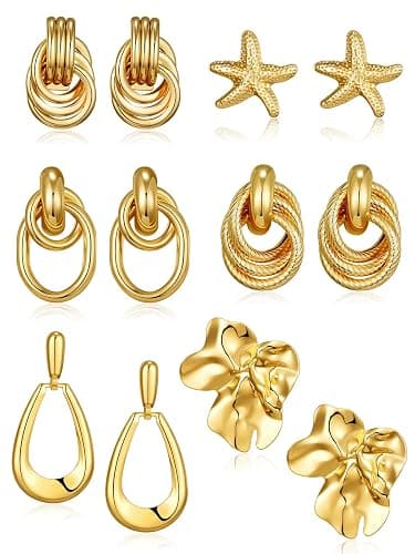AIDSOTOU 6 Pairs Chunky Gold Earrings For Women Trendy Statement Gold Plated Flower Shell knot Dangle Earrings Lightweight Hypoallergenic Fashion Jewelry Set - Image 1
