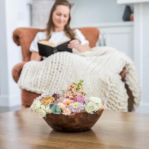 Wood Salad Bowl with Serving Utensils - Large Scalloped Decorative 12" Acacia Wooden Mixing Bowls Set with Spoons - Handcrafted Farmhouse Kitchen Serveware for Fruit, Pasta, Snacks and Home Decor thumbnail 6