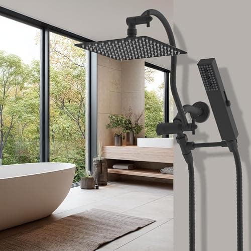 Hibbent All Metal cUPC Certified Shower Head, 10'' High Pressure Rainfall Showerhead Combo, Handheld Shower Wand, 12'' Adjustable Extension Arm, 4-Spray, 71'' Hose, Brass Shower Holder, Matte Black thumbnail 2