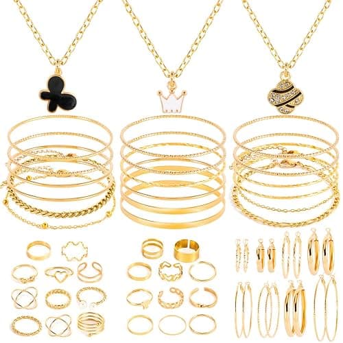 HaHaGirl 44-65pcs Golden Silver Plated Jewelry Sets Necklaces,Bracelets Bangles,Earring,Rings for Women Valentine Anniversary Birthday Friendship - Image 1