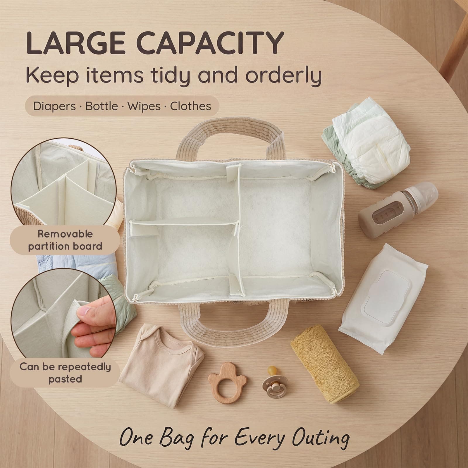 Baby Nappy Caddy Organiser Stylish Corduroy Nursery Storage Basket with Handle for Newborn Essentials, Baby Shower and Diaper Station Sand (Light brown, 1Pc) thumbnail 3