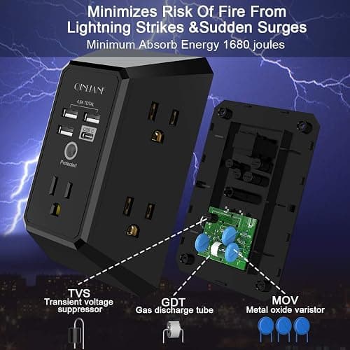 USB Wall Charger, Surge Protector, QINLIANF 5 Outlet Extender with 4 USB Charging Ports (4.8A Total) 3-Sided 1680J Power Strip Multi Plug Outlets Wall Adapter Spaced for Home Travel Office, Black thumbnail 6