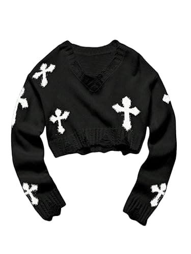 Floerns Girl's Gothic Cross Long Sleeve Sweater V Neck Fall Outfit Ripped Y2k Pullover Tops - Image 1