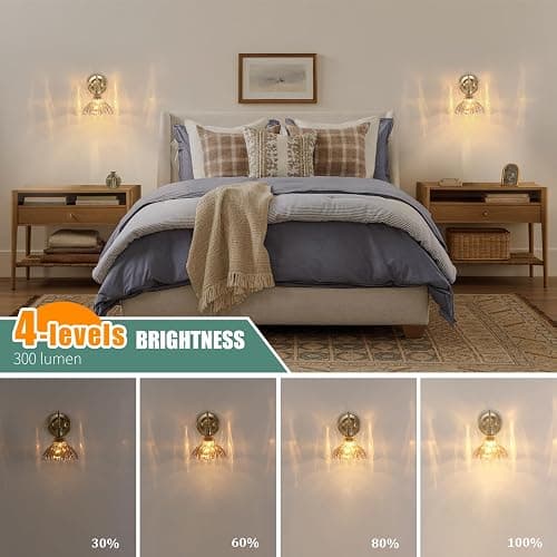 Shenmoyl Battery Operated Wall Sconce Set of 2, Vintage Rechargeable Wall Lights with Amber Lily Glass Shade, Wireless Indoor Wall Lamp with Remote for Bedroom Living Room Bathroom thumbnail 3