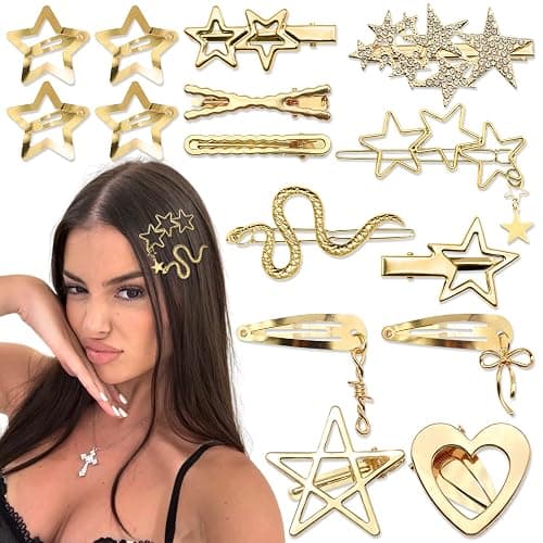 SAWINDA 15Pcs Gold Snake Star Hair Clips Y2k Snap Hair Barrettes for Women Water Drop Non Slip Hair Pins Christmas Metal Heart Clips for Hair Cute Cool Y2k 2000s Accessories for Girls - Image 1