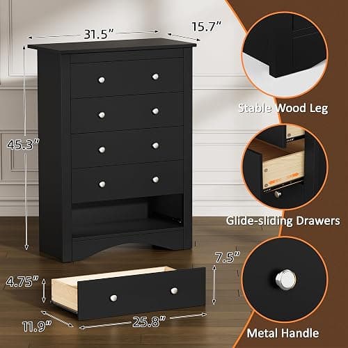 Flamaker Tall Dresser for Bedroom, 5 Drawer Dresser, Wood Dressers, Wide Chest of Drawer, Storage Drawers, Storage Organizer for Closet, Hallway (Black) thumbnail 2