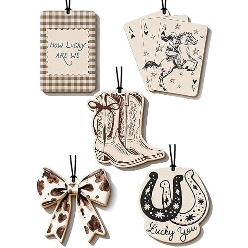 Car Air Fresheners for Women, 5 Pack Western Cowgirl Hanging Car Freshener, Cute Car Accessories with Cow Print Bow, Cowboy Boots & Lucky Horseshoe, Rear View Mirror Ornament - Image 1