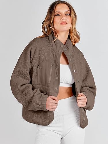 ANRABESS Womens Fuzzy Fleece Jacket Fall Casual Long Sleeve Cropped Sherpa Button Down Shacket Coats Outwear With Pockets thumbnail 2