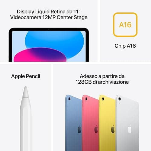 Apple iPad con chip A16: display Liquid Retina da 11'', 128 GB, Wi Fi 6, fotocamera frontale e posteriore da 12MP, Touch ID, autonomia di un giorno intero di batteria — Argento thumbnail 5