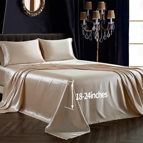 SiinvdaBZX 4Pcs Extra Deep Pocket Satin Sheet Set Queen Size, Ultra Silky Soft Beige Satin Queen Bed Sheets Deep Fitted Sheet Set Fits 18-24 Inch Deep Pocket Mattress thumbnail 2