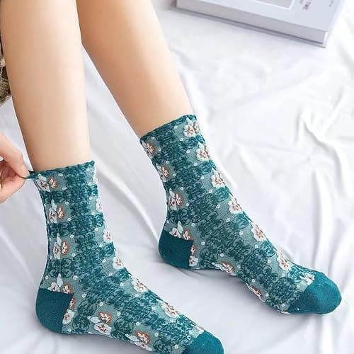 DXYAKY 5 Pairs Womens Floral Cotton Socks Vintage Patterned Crew Socks Novelty Ankle Ruffled Warm Casual Dress Socks thumbnail 3