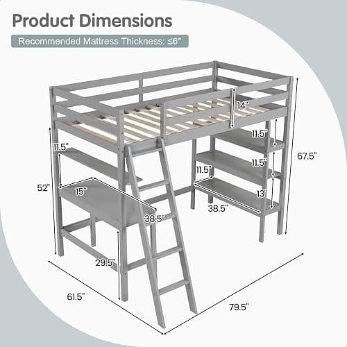 (PURCHASED) KOTEK Twin Loft Bed with Desk & Storage Shelves, Solid Wood Loft Bed Frame with Bookcase, Ladder, Guardrails, Twin Size Loft Bed for Kids, Teens, Drom, Apartment (Grey) thumbnail 2