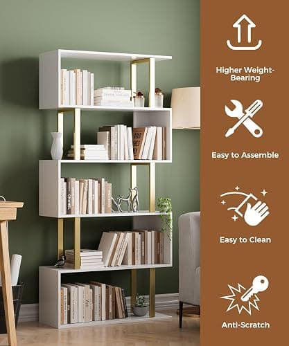 Gadroad 5 Tier Geometric Bookcase,S Shaped Bookshelf, Wood Decorative Storage Shelving, Modern Freestanding Display Shelves, Tall Book Shelf Unit for Living Room Bedroom, Gold thumbnail 4
