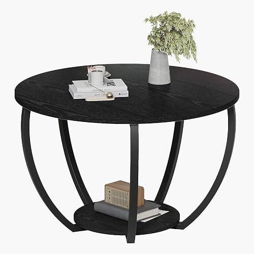 HOMERECOMMEND Round Coffee Table,23.6" Circle Coffee Table with Storage,2-Tier Wood Coffee Tables for Living Room, Accent Center Table,Sofa Table for Home Office, Black Coffee Table thumbnail 5
