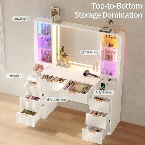 HAUOMS Big Vanity, Fluted Wood Makeup Vanity Desk with Mirror and Sound Sync LED Lights, Large Vanity Dressing Table, 8 Drawers, Charging Station for Girls, Women (White, 51.2" Width) thumbnail 7