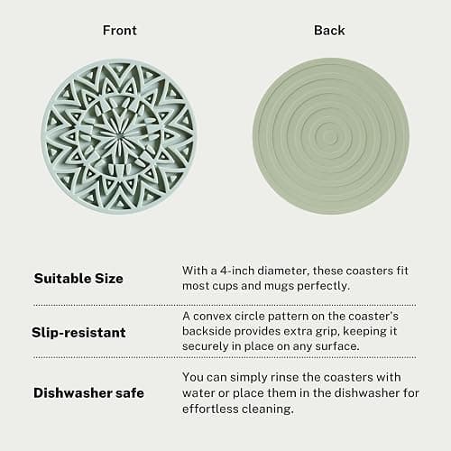 Hoomey Set of 6 Sage Green Silicone Coasters with Holder, Drink Coasters with Tribal Pattern Shape- for Table Protection, Anti Slip, Nonstick, Heat Resistant, Deep Tray thumbnail 3
