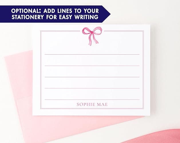 Personalized Pink Bow Notecards With Envelopes, FLAT Custom Stationary With Bows, Girls Watercolor Note Cards With Name, Cute Pink Ribbon Stationery With Border, Your Choice of Colors and Quantity thumbnail 2
