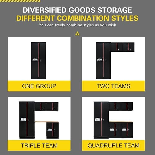 S.Walt Pre-Assembled Garage Storage Cabinet System, No Assembly Required, 6-Piece Workshop Cabinet Set in Black & Red with LED Lights, Wood Worktop, Key Locks, Adjustable Doors and Legs thumbnail 9