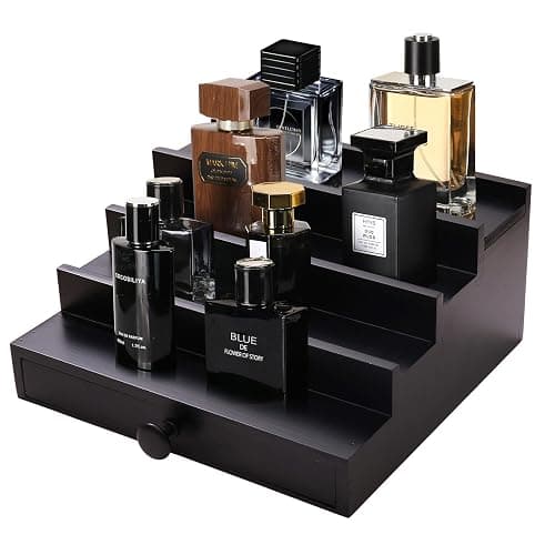 Fengligoo Black Cologne Organizer for Men - 4 Tier Wooden Perfume Display Stand with Drawer and Hidden Compartment for Organizing and Storing, Cologne Holder Shelf for Dresser - Image 1
