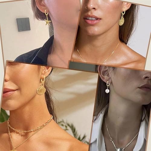 4 Pairs Gold Huggie Hoop Earrings for Women, 14K Real Gold Stainless Steel Summer Beach Jewelry Starfish/Pearl/Clam/Conch Dangle Hypoallergenic Earrings thumbnail 5