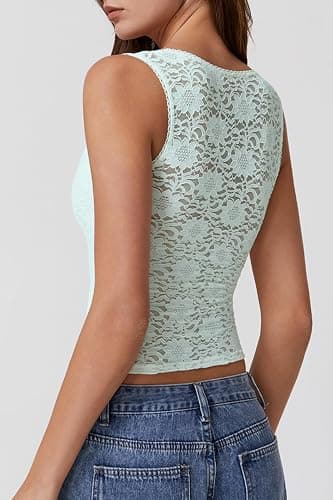 QINSEN Women's Lace Trim Square Neck Sleeveless Double-Layer Tank Top thumbnail 2