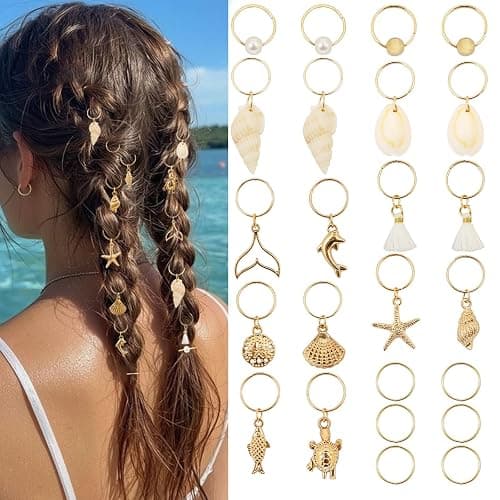 TEBIEKOY 24 PCS Hair Accessories for Women Seashell Loc Hair Jewelry for Braids Conch Dreadlock Clips Starfish Braids Rings Shell Pearl Hair Cuffs Summer Beach Decoration,Gold A - Image 1