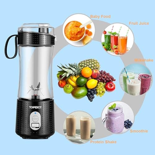 TOPESCT Portable Blender, Personal Mixer Fruit Rechargeable with USB, Mini Blender for Smoothie, Fruit Juice, Milk Shakes 380ml, Six 3D Blades for Great Mixing (Black) thumbnail 7
