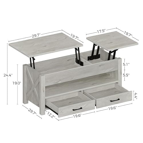 Seventable Coffee Table, 47.2" Lift Top Coffee Table with 2 Storage Drawers and Hidden Compartment, X Wood Farmhouse Support, Retro Center Table with Wooden Lift Tabletop, for Living Room,Grey - Grey thumbnail 3