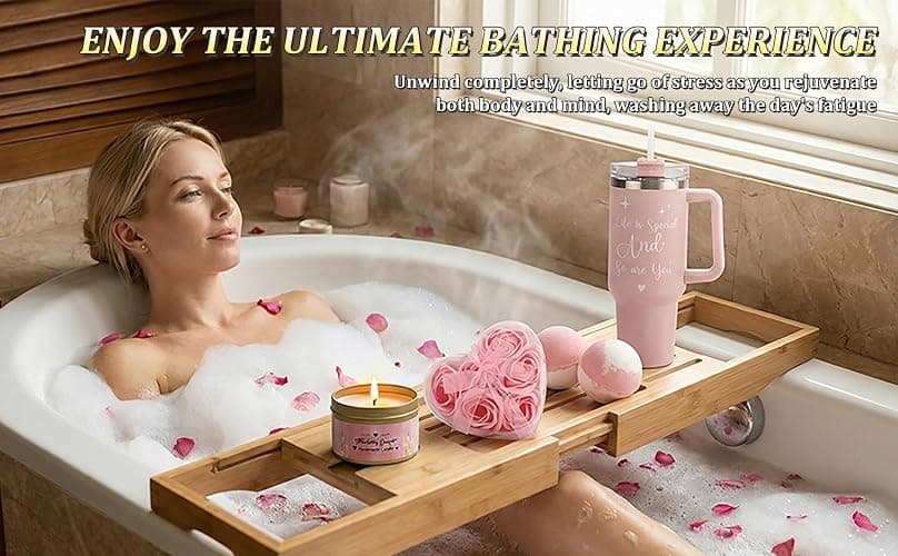 Mothers Day & Birthday Gifts for Women - Tova's Creations 13-Piece Strawberry Daiquiri Spa Gift Basket with 40 OZ Tumbler & Luxury Flannel Blanket for Mom, Wife, Grandma thumbnail 6