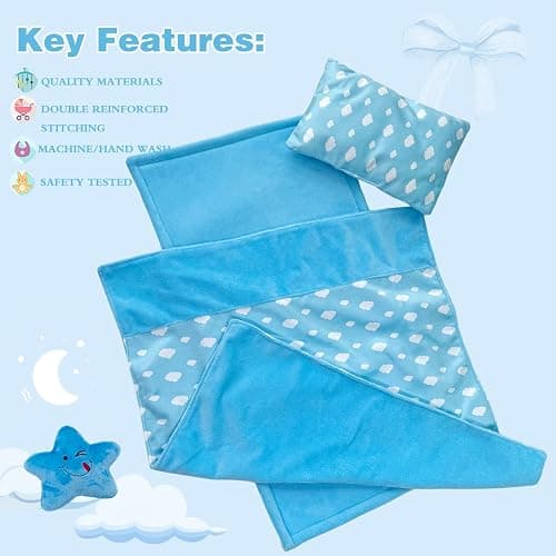 Baby Doll Accessories Bedding Set Soft Blanket Mattress Pillow Dolls Playset Fits 16-18 Inches American Doll Furniture Toy Girls and Boys (Blue) thumbnail 4