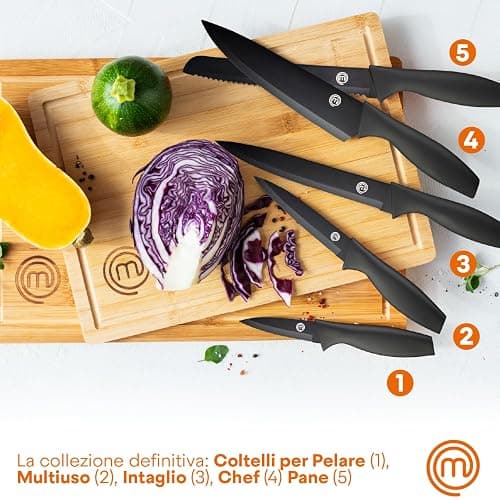 MasterChef Set Coltelli da Cucina con Ceppo Universale, Portacoltelli con Lama Affilato per Pane, Carne, Verdure e altro, Acciaio Inox, Prova di Calore, Manici Neri, 5 Pezzi, Nero thumbnail 4