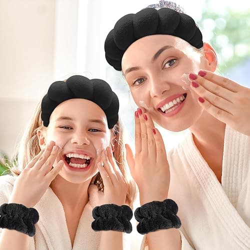 Zkptops Spa Headband for Washing Face Wristband Sponge Makeup Skincare Headband Terry Cloth Bubble Soft Get Ready Hairband for Women Girl Puffy Padded Headwear Non Slip Thick Hair Accessory(Black) thumbnail 7