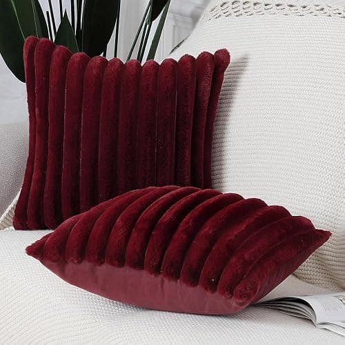 Madizz Set of 2 Faux Fur Plush Decorative Throw Pillow Covers 24x24 inch, 60x60 cm, Burgundy Fluffy Striped Soft Decorative Cushion Cover for Sofa Bedroom Pillow Shell thumbnail 3