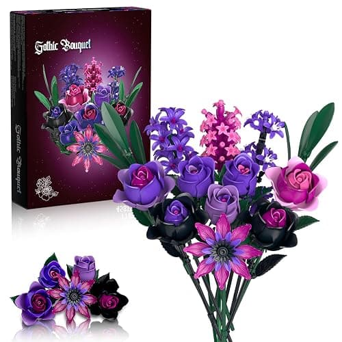 Purple Rose Bouquet Building Set - Compatible with Lego Flowers for Adults Women - Gothic Home Office Table Centerpiece Decor, Halloween Christmas Valentine's Gift - Image 1